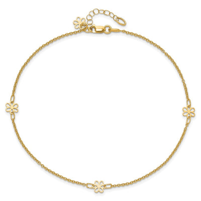 14K Polished Flowers 3-Station with Flower Dangle Anklet Plus Extender