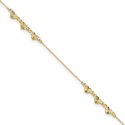 14K Diamond-cut Hearts Anklet Plus1 inch Heart Dangle Extender
