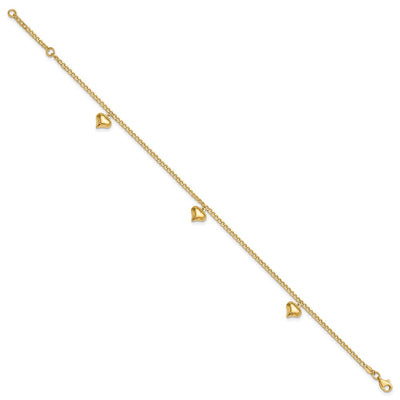 14K Polished Curb Link Chain with 3 Puffed Heart Dangles Anklet Plus Extender
