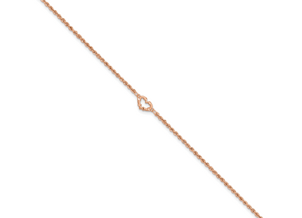 14k Rose Gold Diamond-cut Open Heart and Rope Chain Anklet