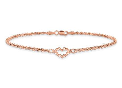 14k Rose Gold Diamond-cut Open Heart and Rope Chain Anklet