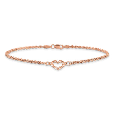 14K Rose Gold Diamond-cut Open Heart and Rope Chain Anklet