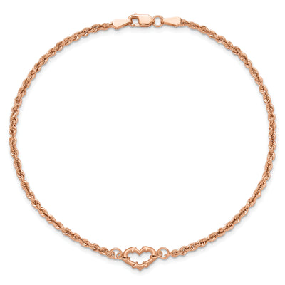 14K Rose Gold Diamond-cut Open Heart and Rope Chain Anklet