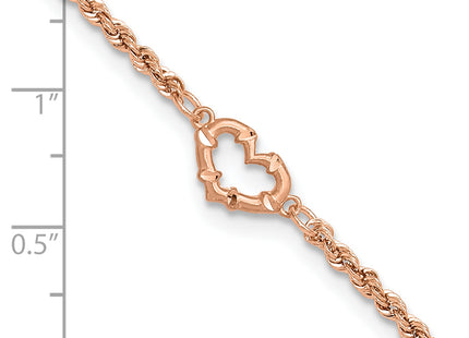 14k Rose Gold Diamond-cut Open Heart and Rope Chain Anklet