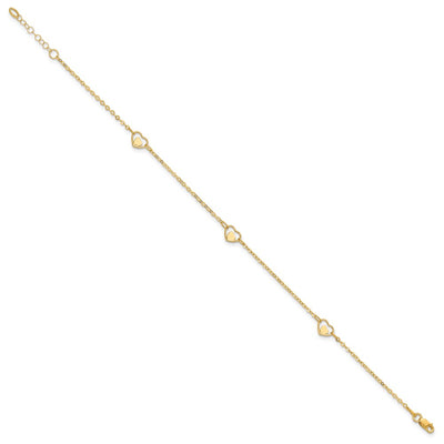 14K Polished Heart-in-Heart Links 3-Station Anklet Plus Extender