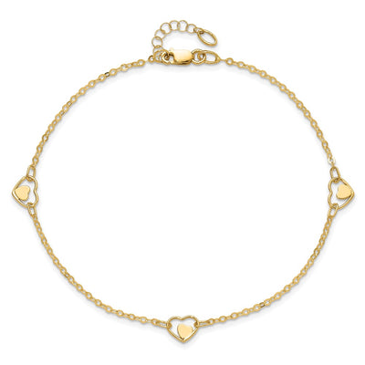 14K Polished Heart-in-Heart Links 3-Station Anklet Plus Extender