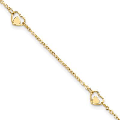 14K Polished Heart-in-Heart Links 3-Station Anklet Plus Extender