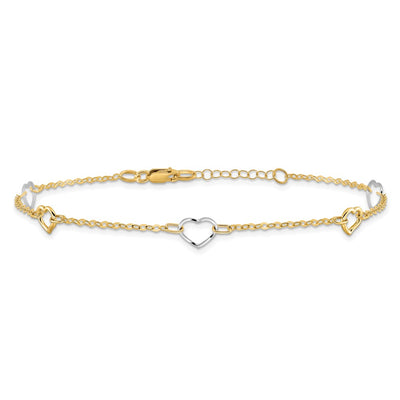 14K Two-tone Polished Open Hearts 5-Station Anklet Plus Extender