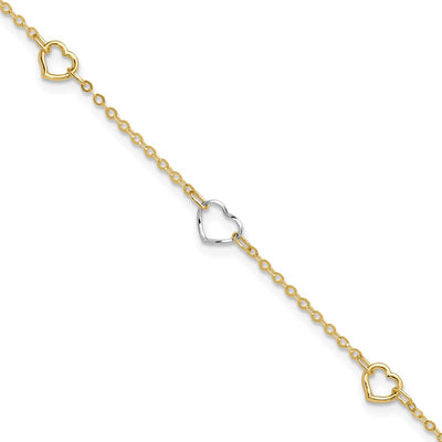 14K Two-tone Polished Open Hearts 5-Station Anklet Plus Extender