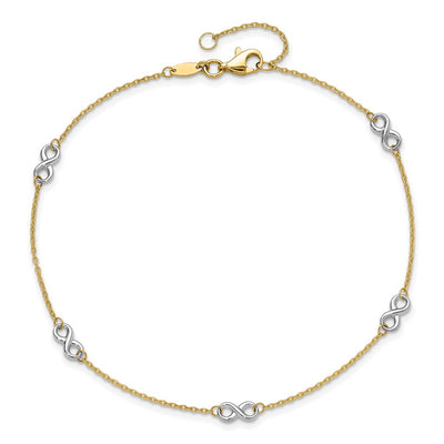 14K Two-tone Polished Infinity 5-Station Anklet Plus Extender, total of anklet