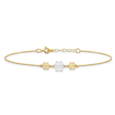 14K Two-tone Polished Three Cut-out Flowers Anklet Plus Extender