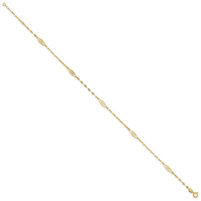 14K Polished Fancy Filigree Link 5-Station Anklet Plus Extender