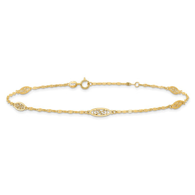 14K Polished Fancy Filigree Link 5-Station Anklet Plus Extender
