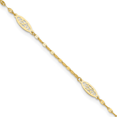 14K Polished Fancy Filigree Link 5-Station Anklet Plus Extender
