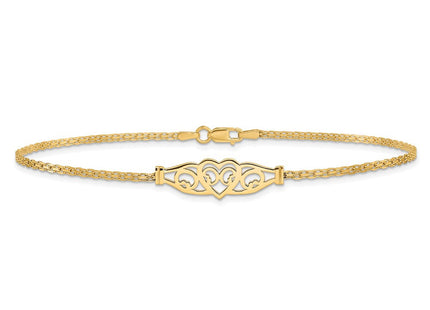 14k Polished Filigree Heart and Bismark Chain Anklet (Style ANK33-10)