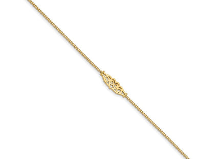 14k Polished Filigree Heart and Bismark Chain Anklet (Style ANK33-9)