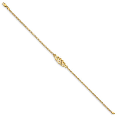 14K Polished Filigree Heart and Bismark Chain Anklet
