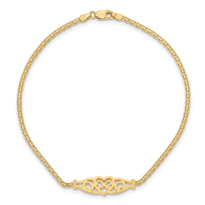 14K Polished Filigree Heart and Bismark Chain Anklet
