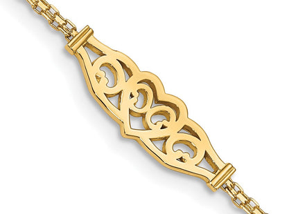 14k Polished Filigree Heart and Bismark Chain Anklet (Style ANK33-9)