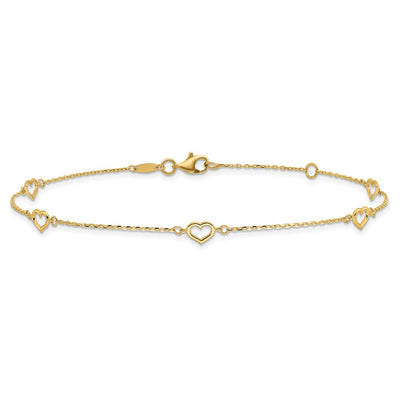 14K Polished 5-Station Open Heart and Chain Anklet Plus Extender