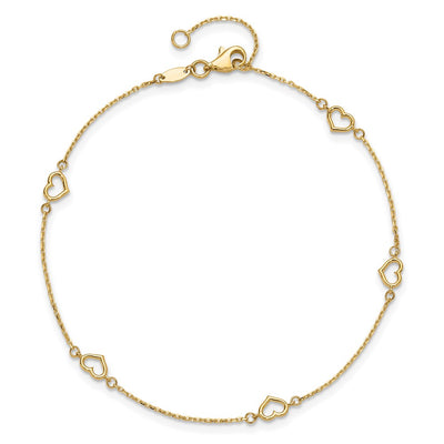 14K Polished 5-Station Open Heart and Chain Anklet Plus Extender