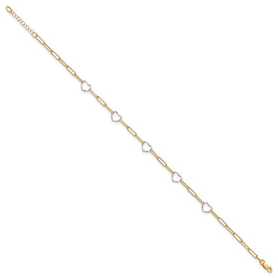 14K Two-tone 5 Hearts and Paperclip Links Anklet Plus Extender
