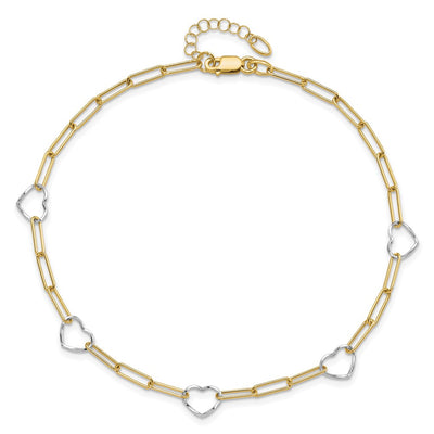 14K Two-tone 5 Hearts and Paperclip Links Anklet Plus Extender