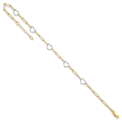 14K Two-tone 5 Hearts and Paperclip Links Anklet Plus Extender