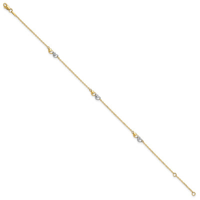 14K Two-tone Polished and Diamond-cut Double Hearts 3-Station Anklet Plus Extender