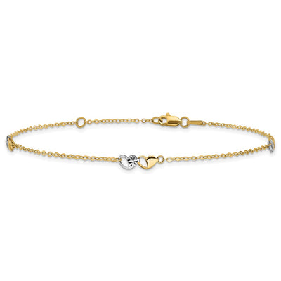 14K Two-tone Polished and Diamond-cut Double Hearts 3-Station Anklet Plus Extender