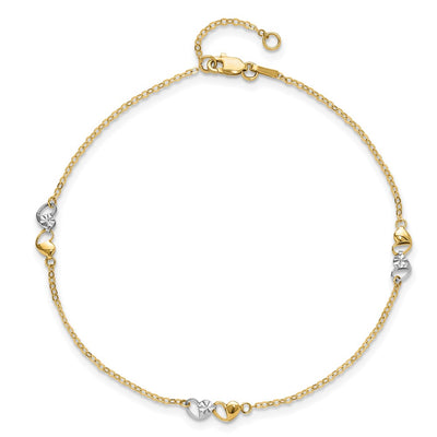 14K Two-tone Polished and Diamond-cut Double Hearts 3-Station Anklet Plus Extender