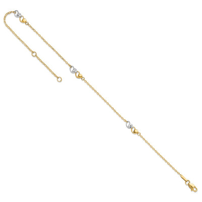 14K Two-tone Polished and Diamond-cut Double Hearts 3-Station Anklet Plus Extender