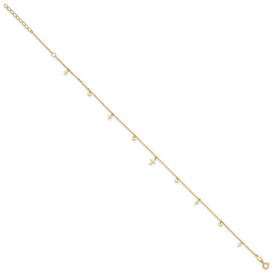 14K Polished Dangle Crosses and Circles Anklet Plus 2 in Extender
