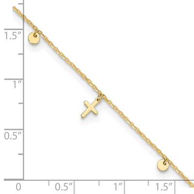 14K Polished Dangle Crosses and Circles Anklet Plus 2 in Extender