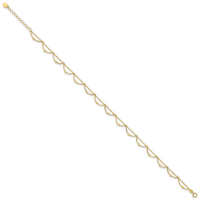 14K Polished and Diamond-cut Fancy Beaded Anklet Plus Heart Dangle Extender