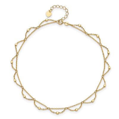 14K Polished and Diamond-cut Fancy Beaded Anklet Plus Heart Dangle Extender