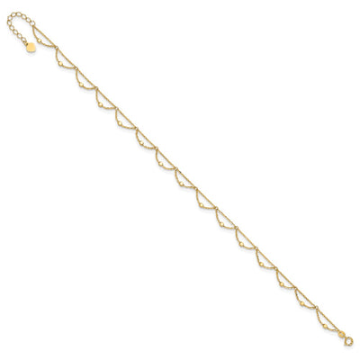 14K Polished and Diamond-cut Fancy Beaded Anklet Plus Heart Dangle Extender