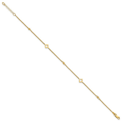 14K Polished Cut-out Hearts and Diamond-cut Beads Anklet Plus Extender