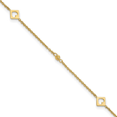 14K Polished Cut-out Hearts and Diamond-cut Beads Anklet Plus Extender
