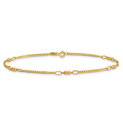 14K Polished and Diamond-cut 5-Station Beaded Mixed Link Anklet