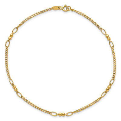 14K Polished and Diamond-cut 5-Station Beaded Mixed Link Anklet
