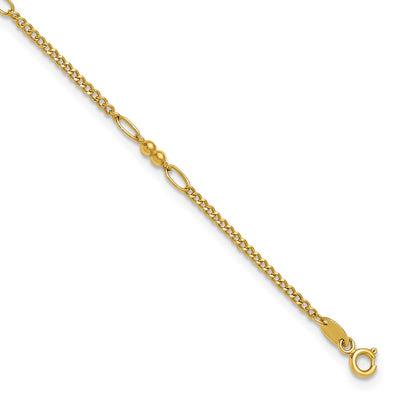 14K Polished and Diamond-cut 5-Station Beaded Mixed Link Anklet