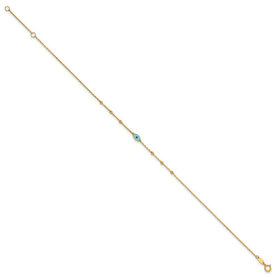 14K Diamond-cut Bead Stations Blue Glass Evil Eye Anklet Plus Extender