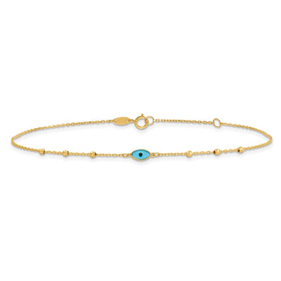 14K Diamond-cut Bead Stations Blue Glass Evil Eye Anklet Plus Extender