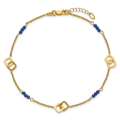 14K Polished Blue Spinel Beads and Squares Anklet Plus Extender