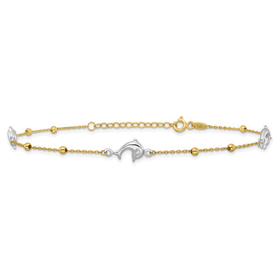 14K Two-tone Polished Beads and Three Dolphins Anklet Plus Extender