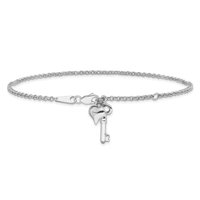 14K White Gold Polished Curb Link Chain with Puffed Heart and Key Dangle Anklet Plus Extender
