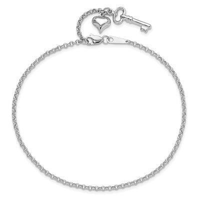 14K White Gold Polished Curb Link Chain with Puffed Heart and Key Dangle Anklet Plus Extender