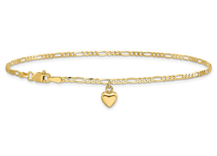 14k Figaro Link Chain with Dangling Puffed Heart Anklet (Style ANK66-9)