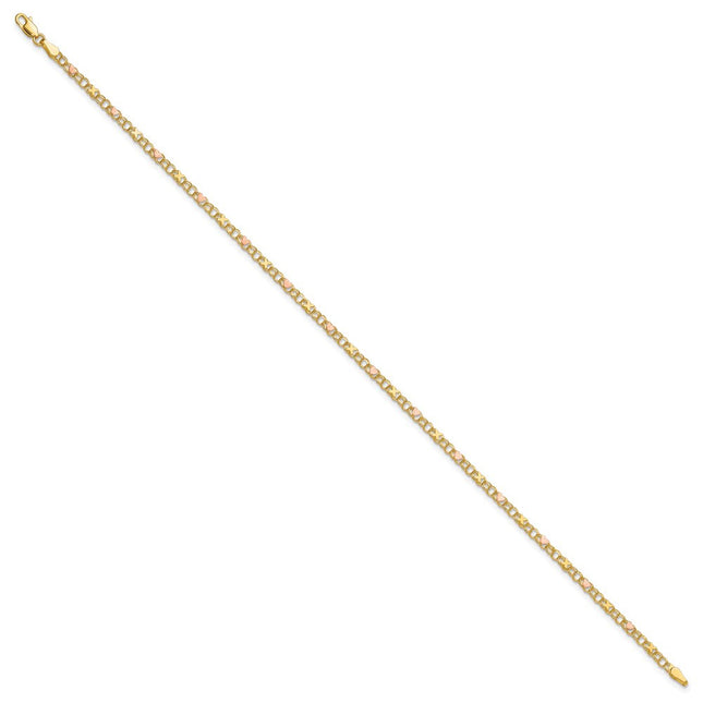 14k Polished and Satin Rose-plated X-and-Heart Anklet